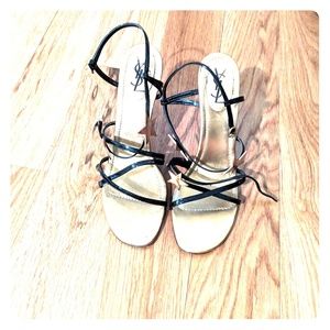 YSL Strappy Black and Gold Sandals with Stars